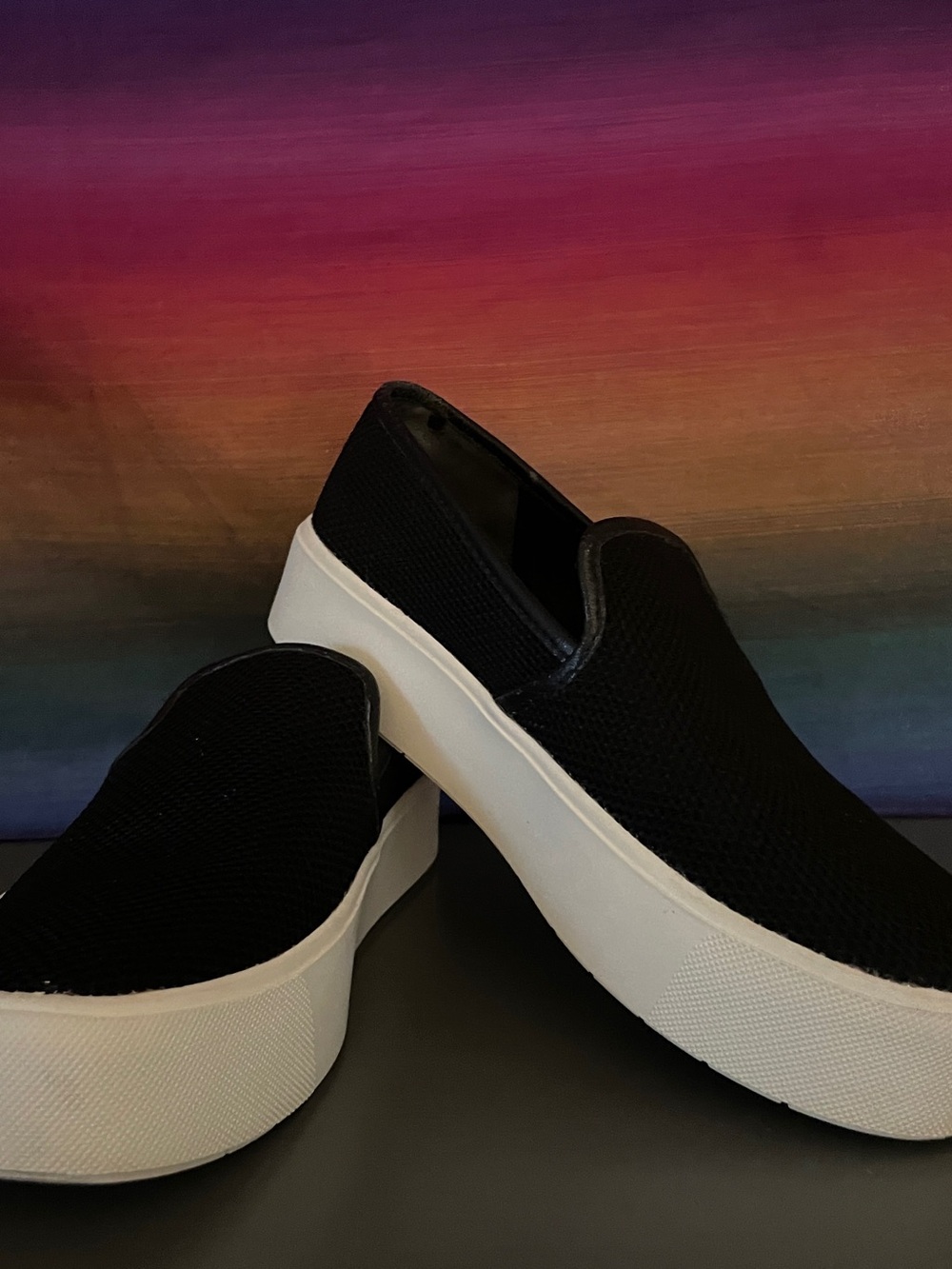 Vince Preston Black Mesh Platform Slip-On Sneakers White Sole Women 5